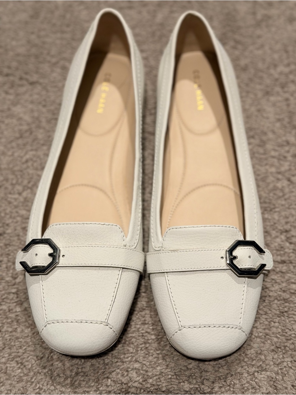 Cole Haan White Leather Loafers with Gunmetal Buckle
